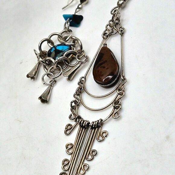 "5/$25" Mismatched Southwestern Silvertone Brown/Turquoise Dangle Earrings - Picture 3 of 8